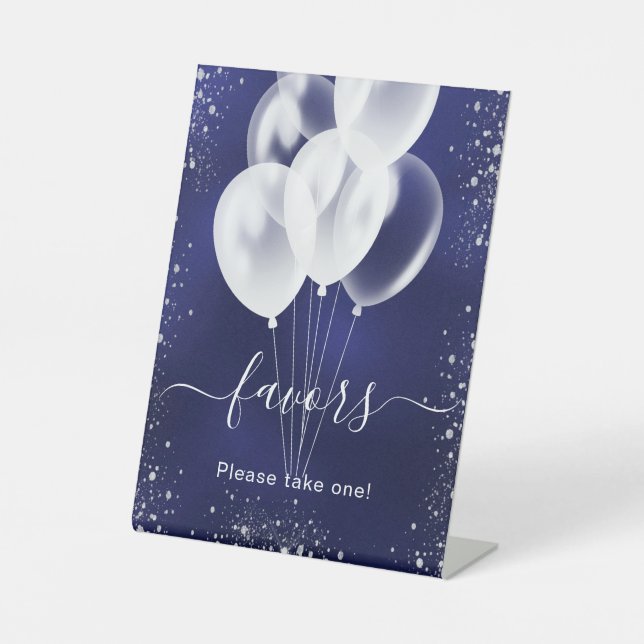 Navy blue silver glitter balloons favours guest pedestal sign (Front)
