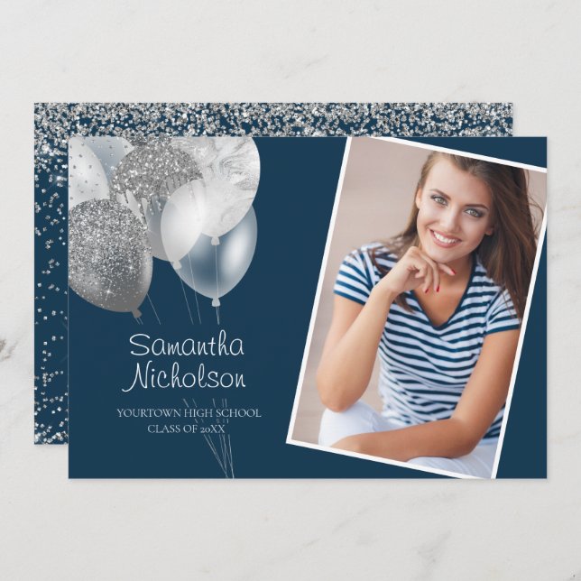 Navy Blue Silver Glitter Balloons Grad Party Photo Invitation (Front/Back)