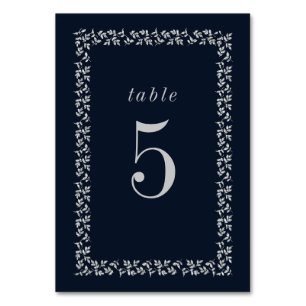 Navy Blue Silver Glitter Botanical Frame  Table Number