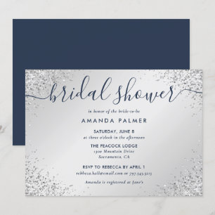 Navy Blue Silver Glitter Confetti Bridal Shower Invitation