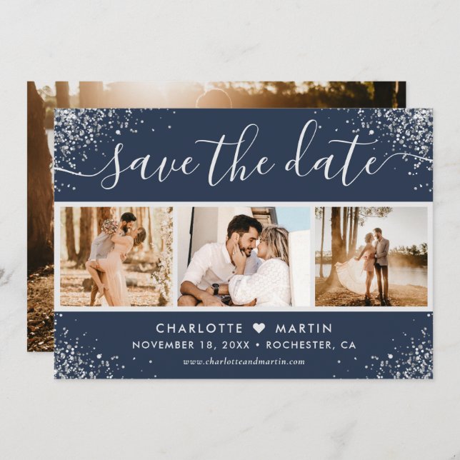 Navy Blue Silver Glitter Confetti Wedding 4 Photo Save The Date (Front/Back)