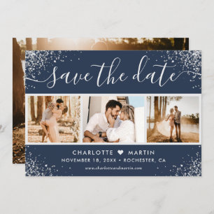 Navy Blue Silver Glitter Confetti Wedding 4 Photo Save The Date
