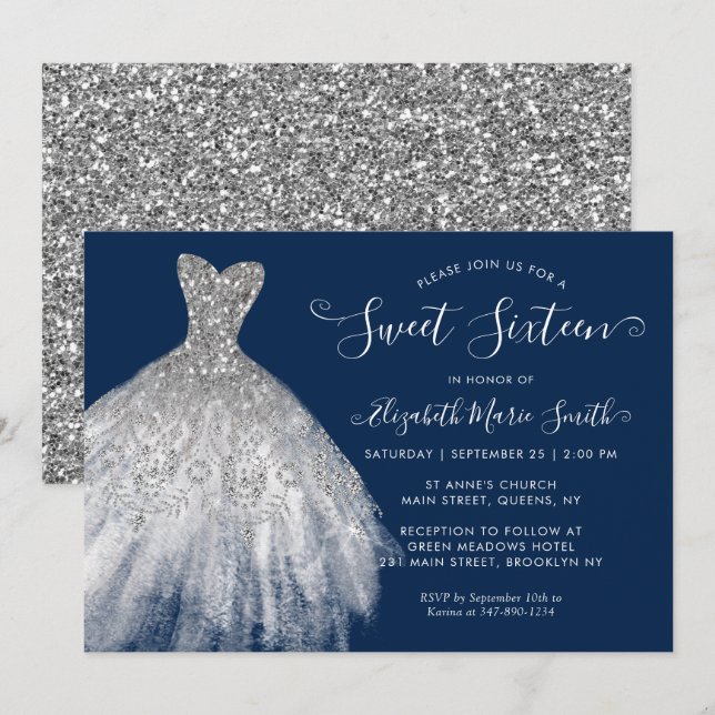 Navy Blue Silver Glitter Dress Sweet 16 Birthday Invitation (Front/Back)