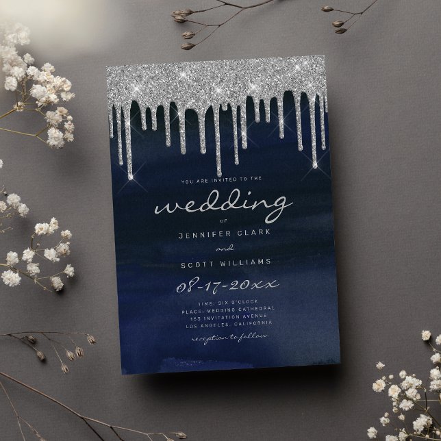 Navy blue silver glitter drips script wedding invitation (Navy blue silver glitter drips script wedding)