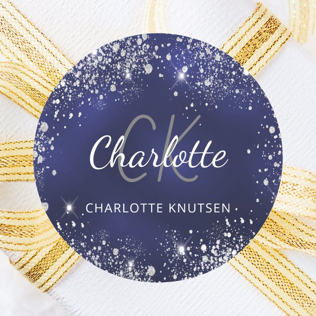 Navy blue silver glitter dust monogram name classic round sticker (Creator Uploaded)