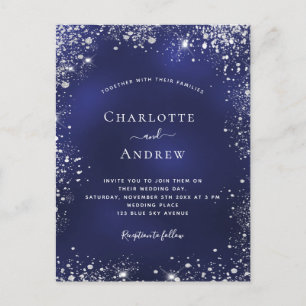 Navy blue silver glitter dust wedding invitation postcard