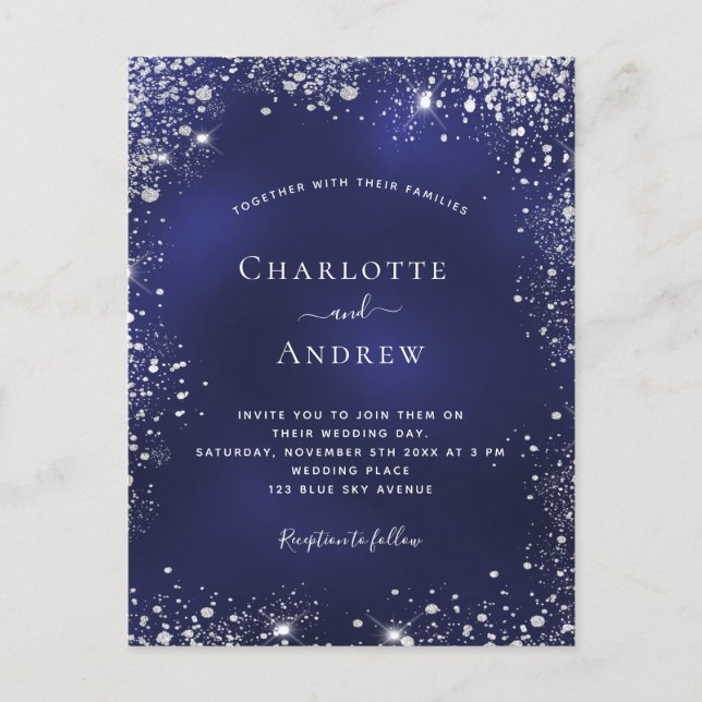 Navy blue silver glitter dust wedding invitation postcard (Front)