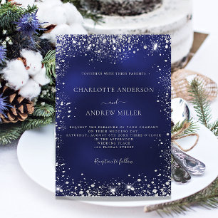 Navy blue silver glitter elegant luxury wedding invitation