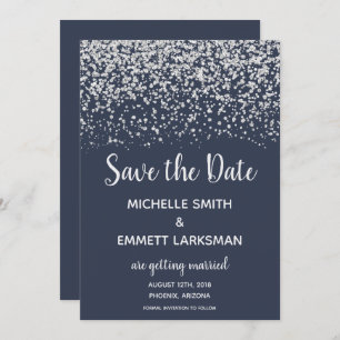 Navy Blue Silver Glitter Elegant Save the Date Invitation