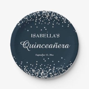 Navy Blue Silver Glitter Girls Quinceanera Paper Plate