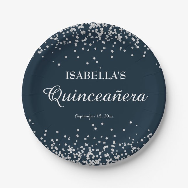 Navy Blue Silver Glitter Girls Quinceanera Paper Plate (Front)