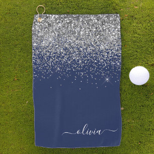 Navy Blue Silver Glitter Girly Monogram Name Golf Towel