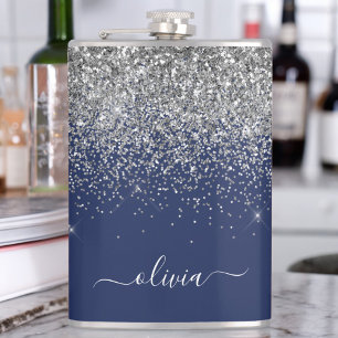 Navy Blue Silver Glitter Girly Monogram Name Hip Flask