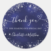 Navy blue silver glitter heart thank you wedding classic round sticker (Front)
