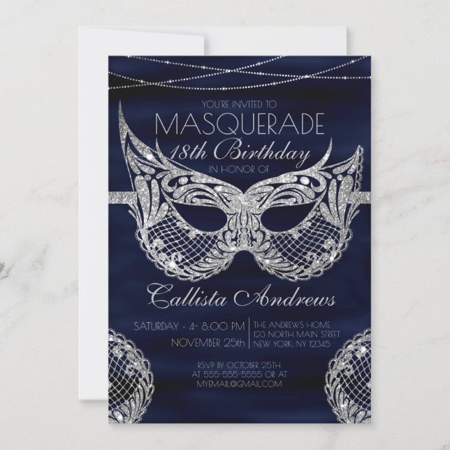 Navy Blue Silver Glitter Lace Masquerade Birthday Invitation (Front)