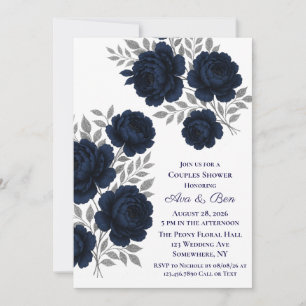 Navy Blue & Silver Glitter Leaves Couples Shower Invitation
