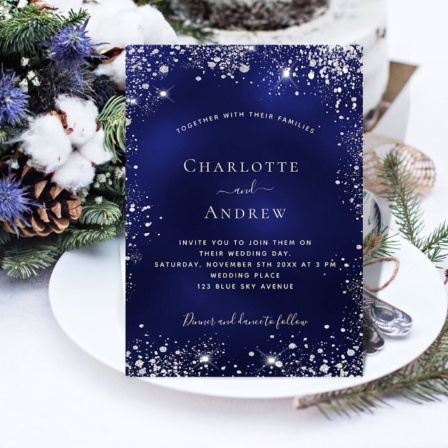 Navy blue silver glitter luxury wedding invitation (Creator Uploaded)