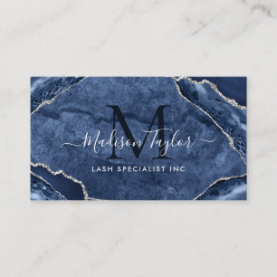 Navy Blue Silver Glitter Marble Agate Monogram Business Card