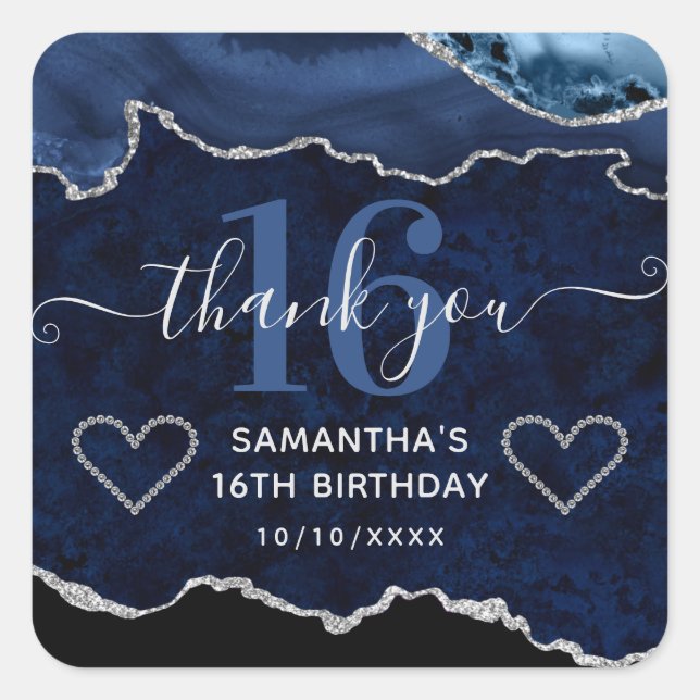 Navy Blue & Silver Glitter Marble Agate Sweet 16 Square Sticker (Front)