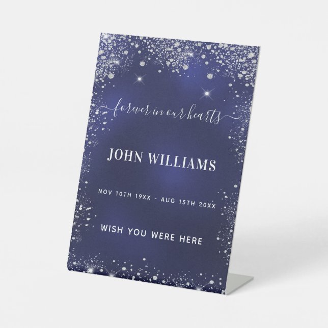 Navy blue silver glitter memorial pedestal sign (Front)