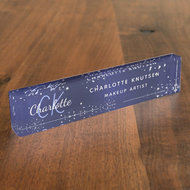 Navy blue silver glitter monogram nameplate (Side)