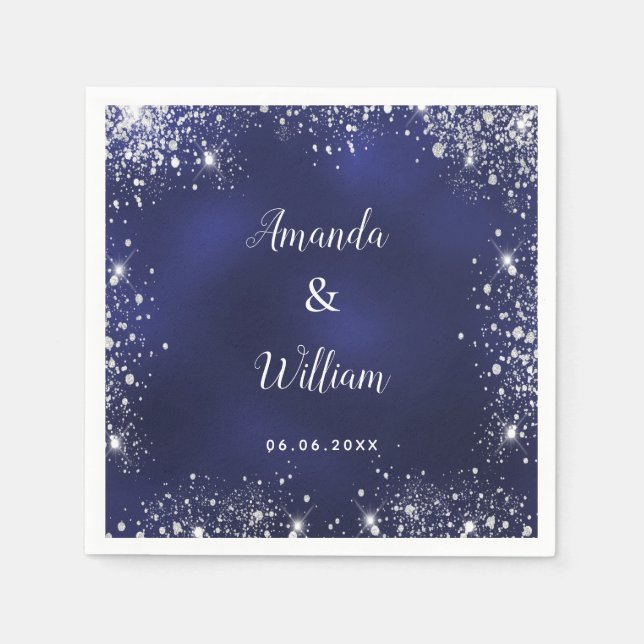 Navy blue silver glitter monogram wedding napkin (Front)