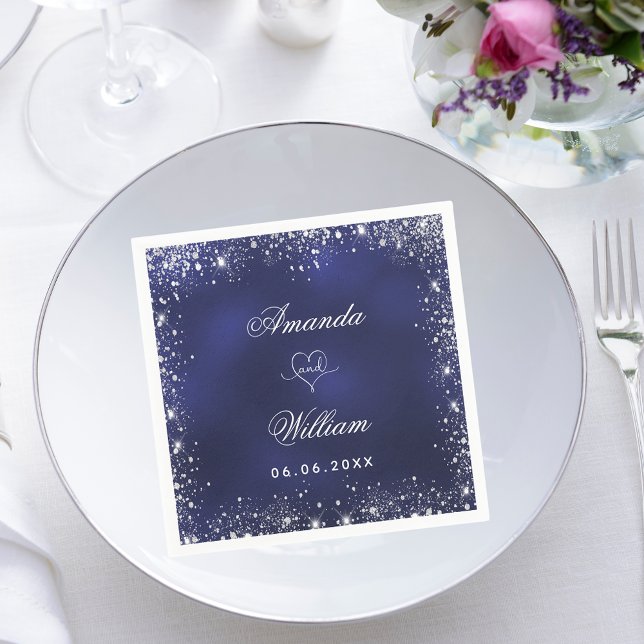 Navy blue silver glitter names heart wedding napkin (Creator Uploaded)