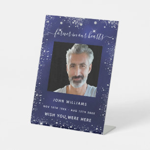 Navy blue silver glitter photo memorial pedestal sign
