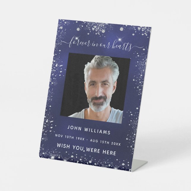 Navy blue silver glitter photo memorial pedestal sign (Front)