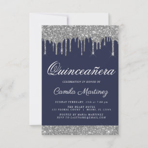 Navy Blue Silver Glitter Quinceañera Celebration Invitation