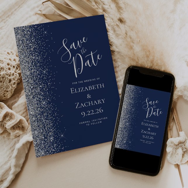 Navy Blue Silver Glitter Save the Date Announcement (Creator Uploaded)