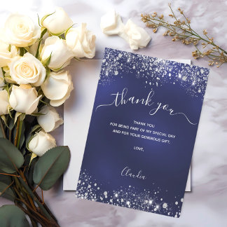 Navy blue silver glitter script thank you card