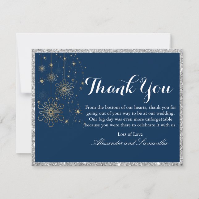 Navy Blue Silver Glitter Snowflake Thank You Card (Front)