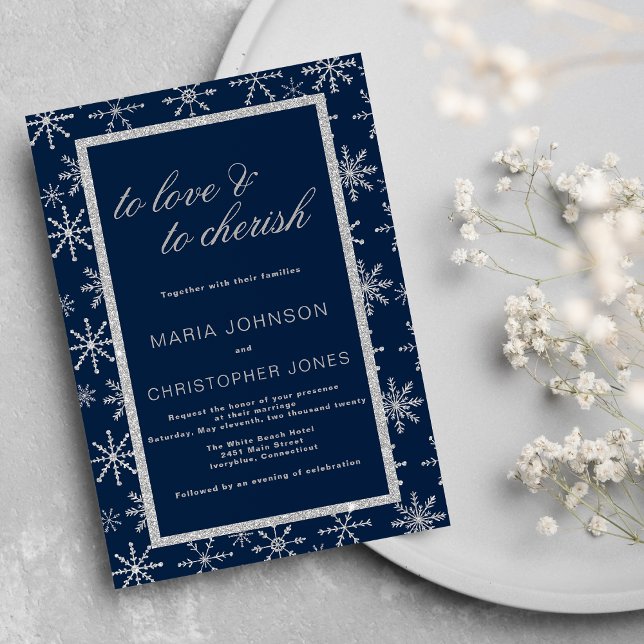 Navy blue silver glitter snowflake winter Wedding Invitation (Navy blue silver glitter snowflake winter Wedding )