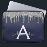 Navy Blue Silver Glitter Sparkle Monogram Laptop Sleeve<br><div class="desc">Navy Blue and Silver Faux Dripping Modern and Elegant Girly Glitter and Sparkle Elegant Monogram Case. This case can be customised to include your initial and first name.</div>
