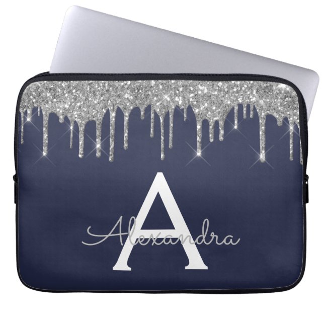 Navy Blue Silver Glitter Sparkle Monogram Laptop Sleeve (Front)