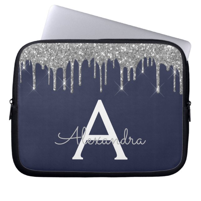 Navy Blue Silver Glitter Sparkle Monogram Laptop Sleeve (Front)