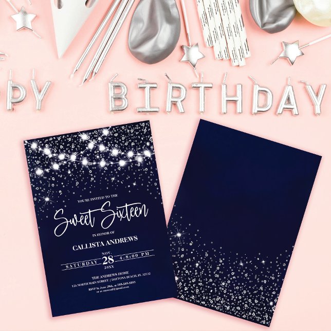 Navy Blue Silver Glitter Sparkles Lights Sweet 16 Invitation (Creator Uploaded)