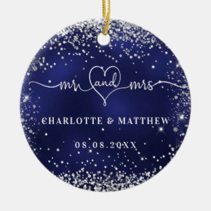 Navy blue silver glitter sparkles newly weds ceramic tree decoration