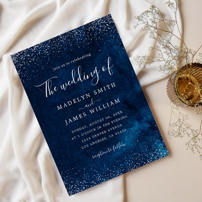Navy Blue Silver Glitter Starry Night Wedding Invitation (Creator Uploaded)