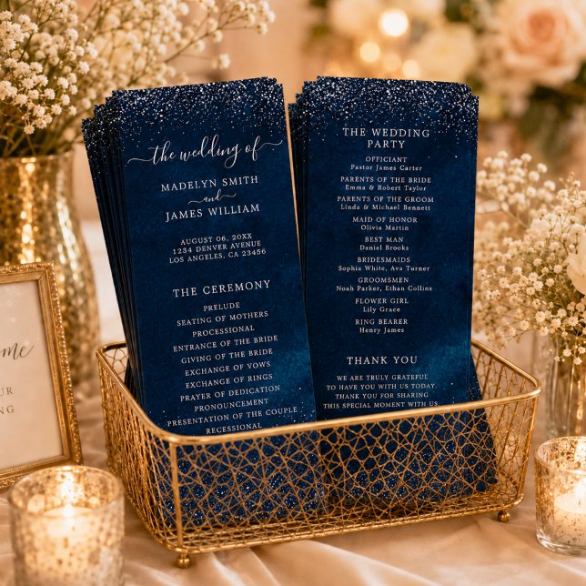 Navy Blue Silver Glitter Starry Night Wedding Programme (Creator Uploaded)