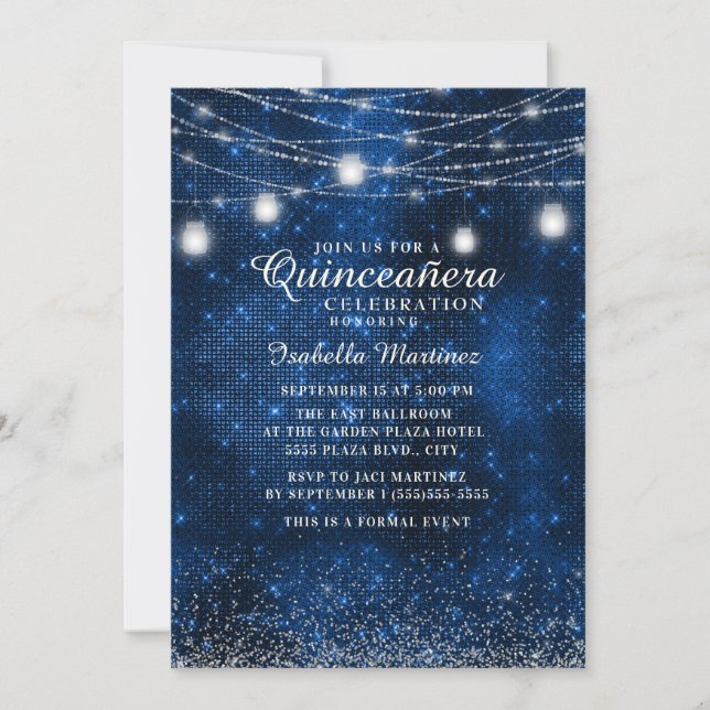 Navy Blue Silver Glitter String Light Quinceañera  Invitation (Front)