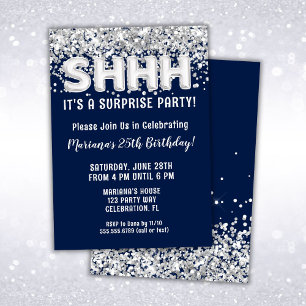 Navy Blue Silver Glitter Surprise Birthday Party Invitation