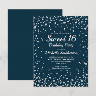 Navy Blue Silver Glitter Sweet 16 Birthday Card