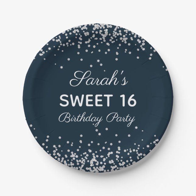 Navy Blue Silver Glitter Sweet 16 Birthday Party Paper Plate (Front)