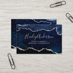 Navy Blue & Silver Glitter Watercolor Gilded Agate Business Card