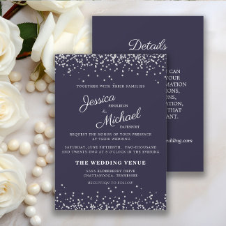 Navy Blue Silver Glitter Wedding and Details Invitation