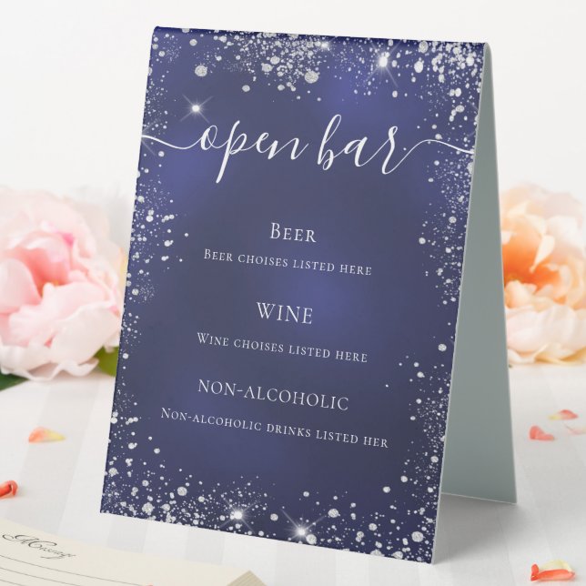 Navy blue silver glitter wedding bar menu (In SItu (Wedding))
