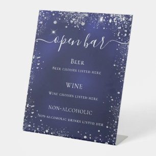 Navy blue silver glitter wedding bar menu pedestal sign
