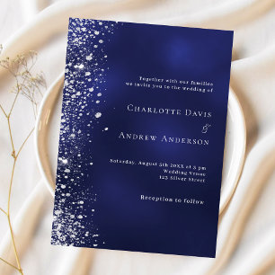 Navy blue silver glitter wedding invitation